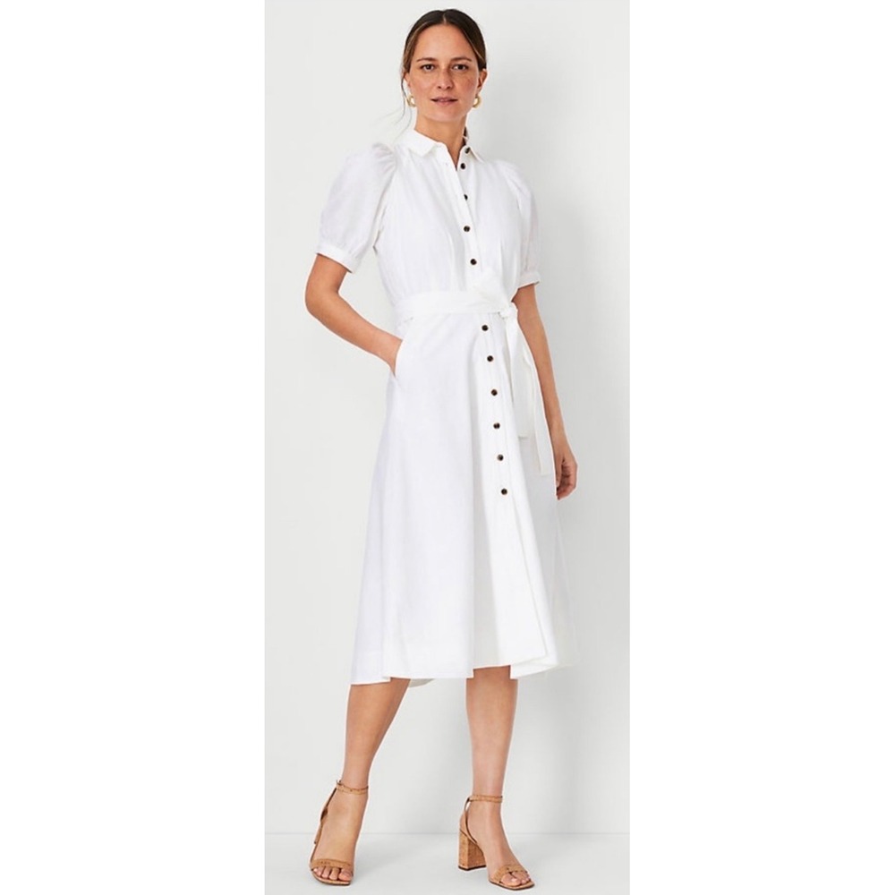 Ann Taylor White Linen Blend Puff Sleeve Midi Shirt Dress with Belt Size 6